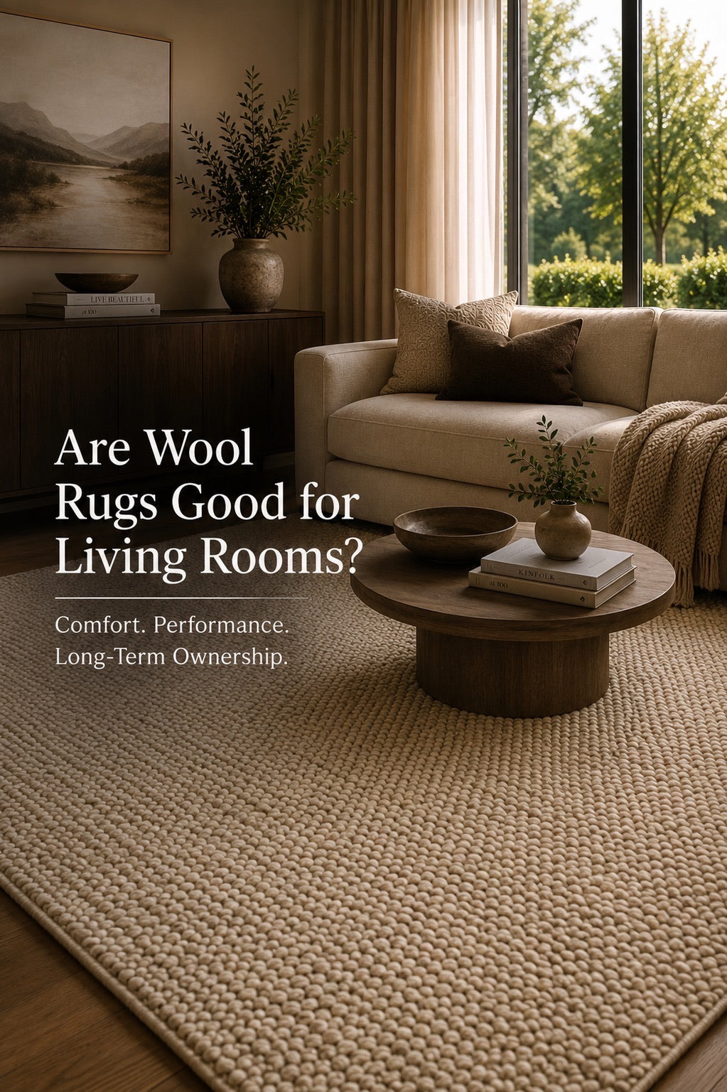 A hand woven textured wool rug styled in a modern Perth Home Living Room.