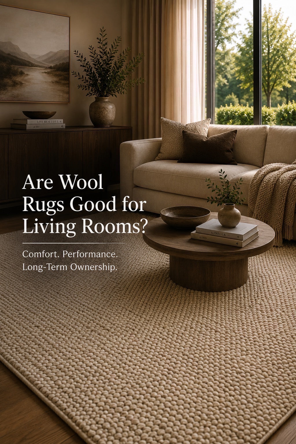 A hand woven textured wool rug styled in a modern Perth Home living room.