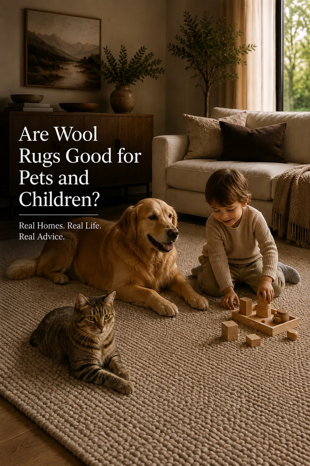 A family living room with a cat, dog and small child on the hand woven wool rug.