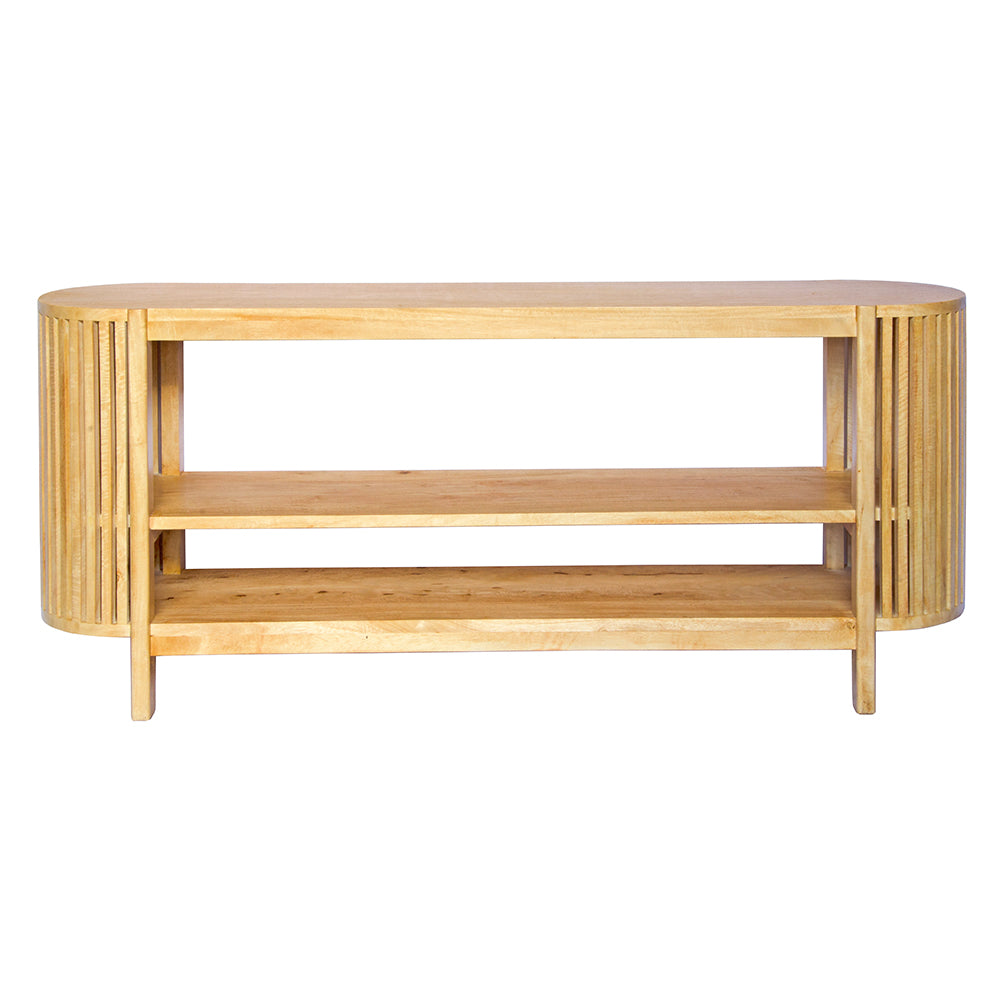 The Aries Low bookshelf is a coastal/contemporary designed piece. It features curved slated sides and and 3 shelves. Made from sustainable bleached fruitwood. Colour Natural. Measuring 1500 length X 350 depth X 650 height. Front Plain.