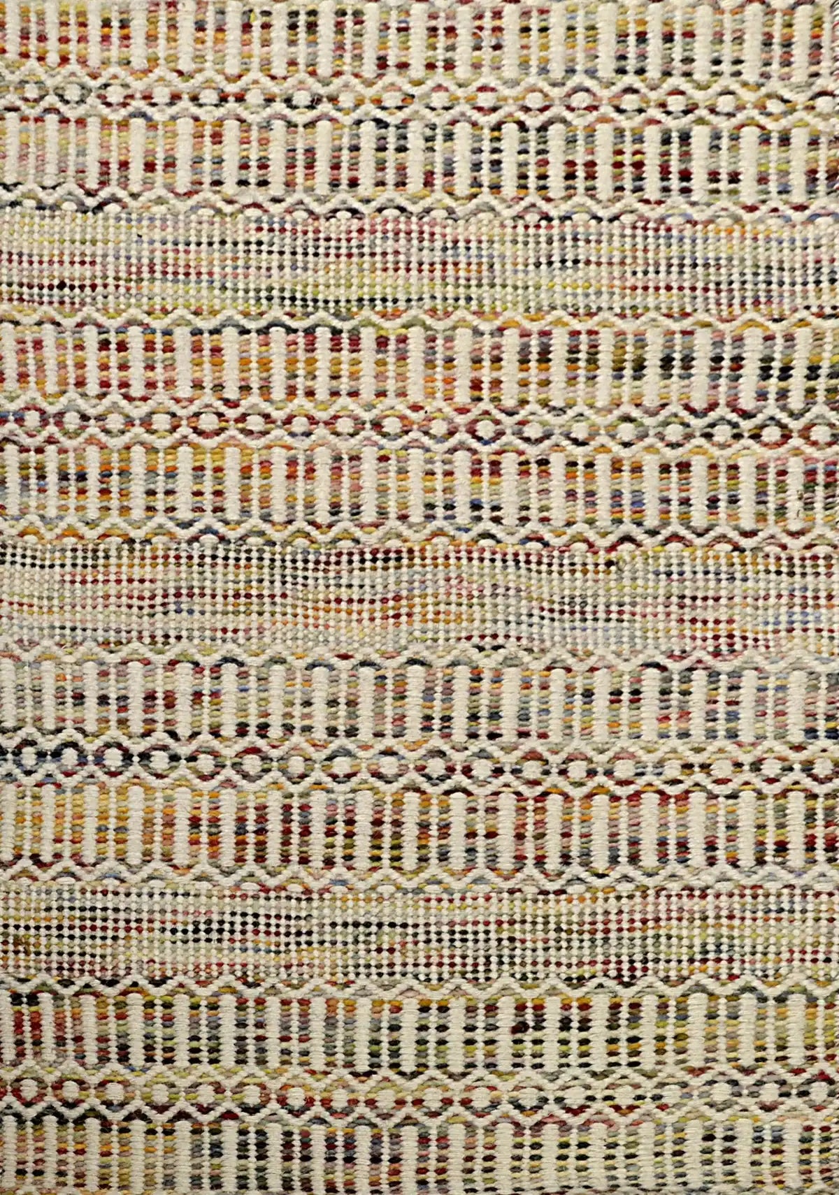 Arizona - Cherry is a Hand Woven Wool Flatweave. With a Geometric Tribal Design. Colour White with Red and Orange accents. Sizes, 160 X 230, 200 X 290 and 240 X 340. Full.
