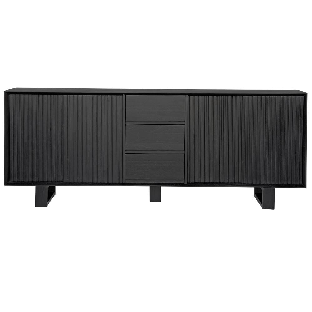 The Ashland 2 Sliding Door 3 Drawer - Black Buffet - a Coastal Contemporary Teak Buffet. Featuring 2 sliding doors, and 3 drawers, supported by wooden runners. Measures 1800 Length X 400 Depth X 900 Height. Front.