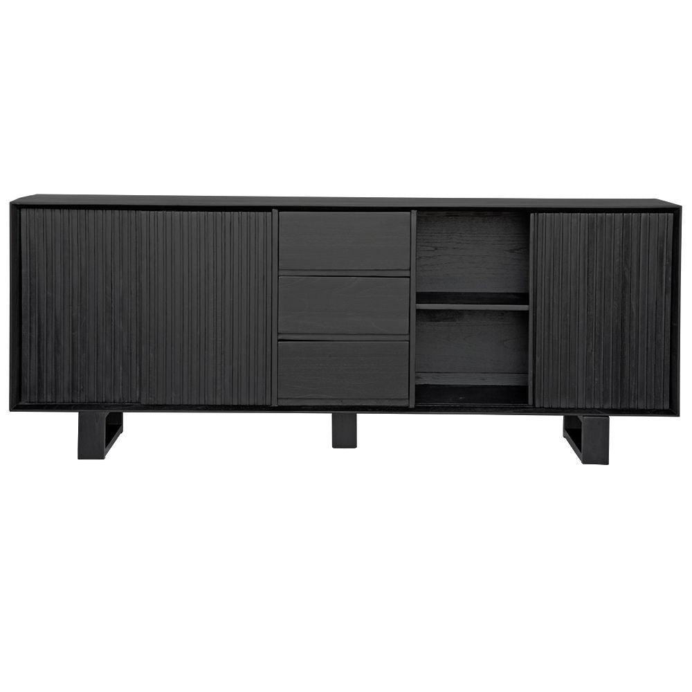 The Ashland 2 Sliding Door 3 Drawer - Black Buffet - a Coastal Contemporary Teak Buffet. Featuring 2 sliding doors, and 3 drawers, supported by wooden runners. Measures 1800 Length X 400 Depth X 900 Height. Open.