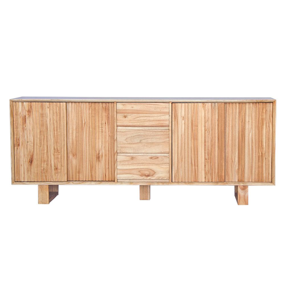 The Ashland 2 Sliding Door 3 Drawer - Natural Buffet - a Coastal Contemporary Teak Buffet. Featuring 2 sliding doors, and 3 drawers, supported by wooden runners. Measures 1800 Length X 400 Depth X 900 Height. Front.