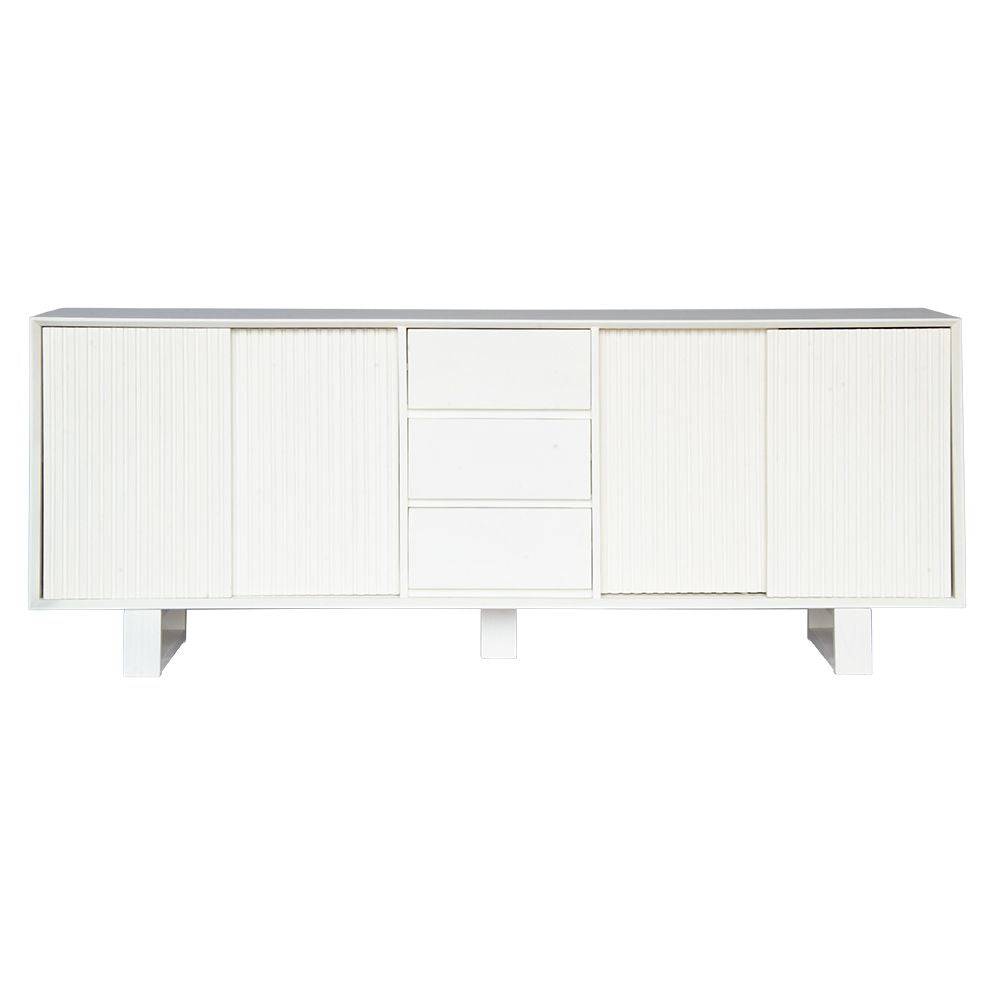 The Ashland 2 Sliding Door 3 Drawer - White Buffet - a Coastal Contemporary Teak Buffet. Featuring 2 sliding doors, and 3 drawers, supported by wooden runners. Measures 1800 Length X 400 Depth X 900 Height. Front.