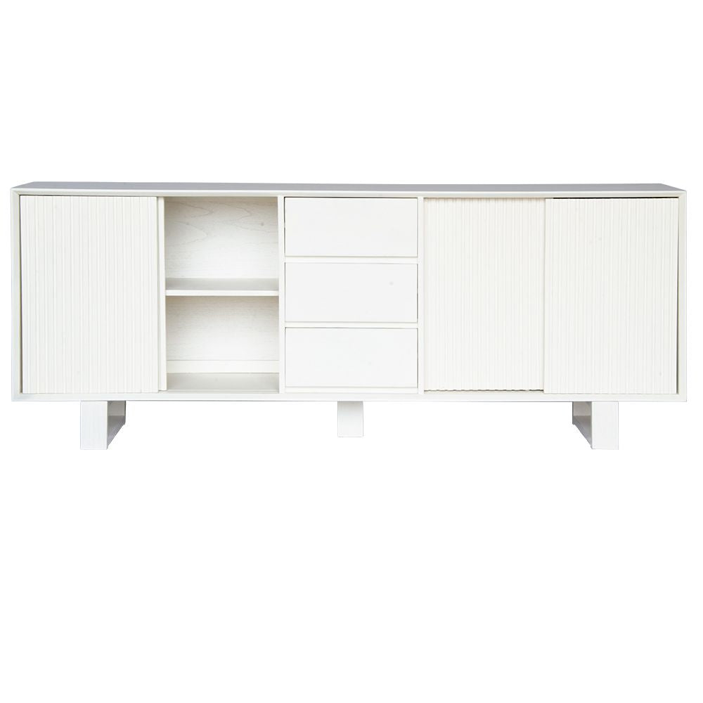 The Ashland 2 Sliding Door 3 Drawer - White Buffet - a Coastal Contemporary Teak Buffet. Featuring 2 sliding doors, and 3 drawers, supported by wooden runners. Measures 1800 Length X 400 Depth X 900 Height. Open.