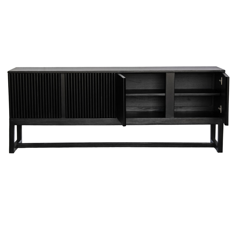 The Astoria 4 Door Black buffet is a contemporary styled piece. Crafted from sustainable white cedar, it features 4 textured doors. Colour Black. Measures 1800 length X 400 depth X 700 height. Front Open Doors.