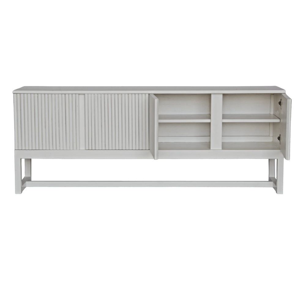 The Astoria 4 Door White buffet is a contemporary styled piece. Crafted from sustainable white cedar, it features 4 textured doors. Colour White. Measures 1800 length X 400 depth X 700 height. Front Open Plain.