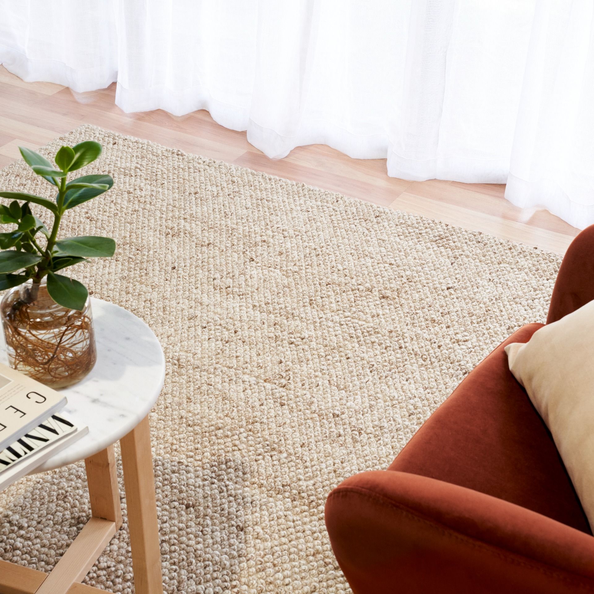 Avenue Beige is a hand woven PET Yarn (Recycled Plastics) Rug.  It features a soft wool-like feel with a modern/contemporary design.  Colour Beige. Sizes 155 X 225, 200 X 290, 240 X 320 and 300 X 400. Styled.