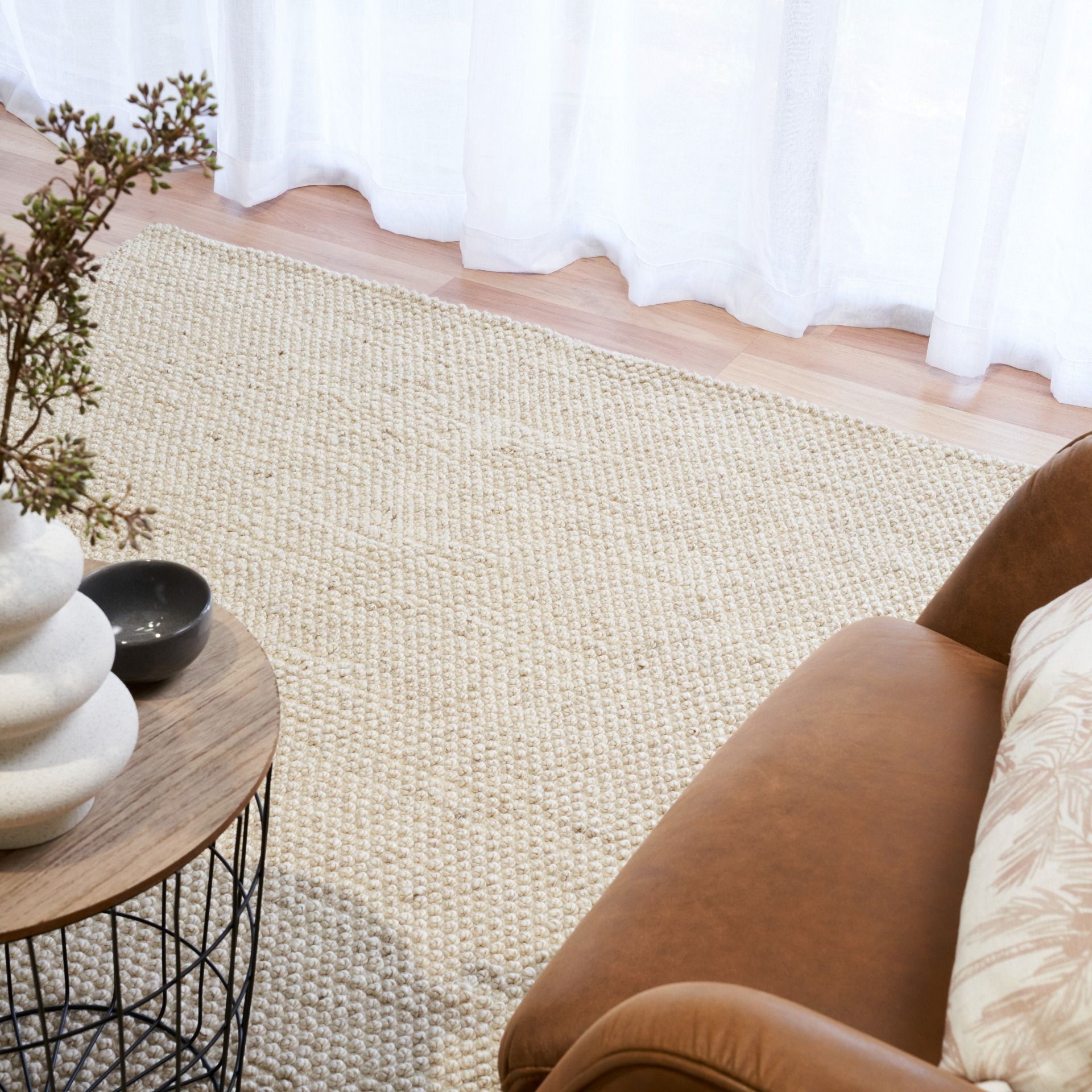 Avenue Cream is a hand woven PET Yarn (Recycled Plastics) Rug.  It features a soft wool-like feel with a modern/contemporary design.  Colour Cream. Sizes 155 X 225, 200 X 290, 240 X 320 and 300 X 400. Styled.