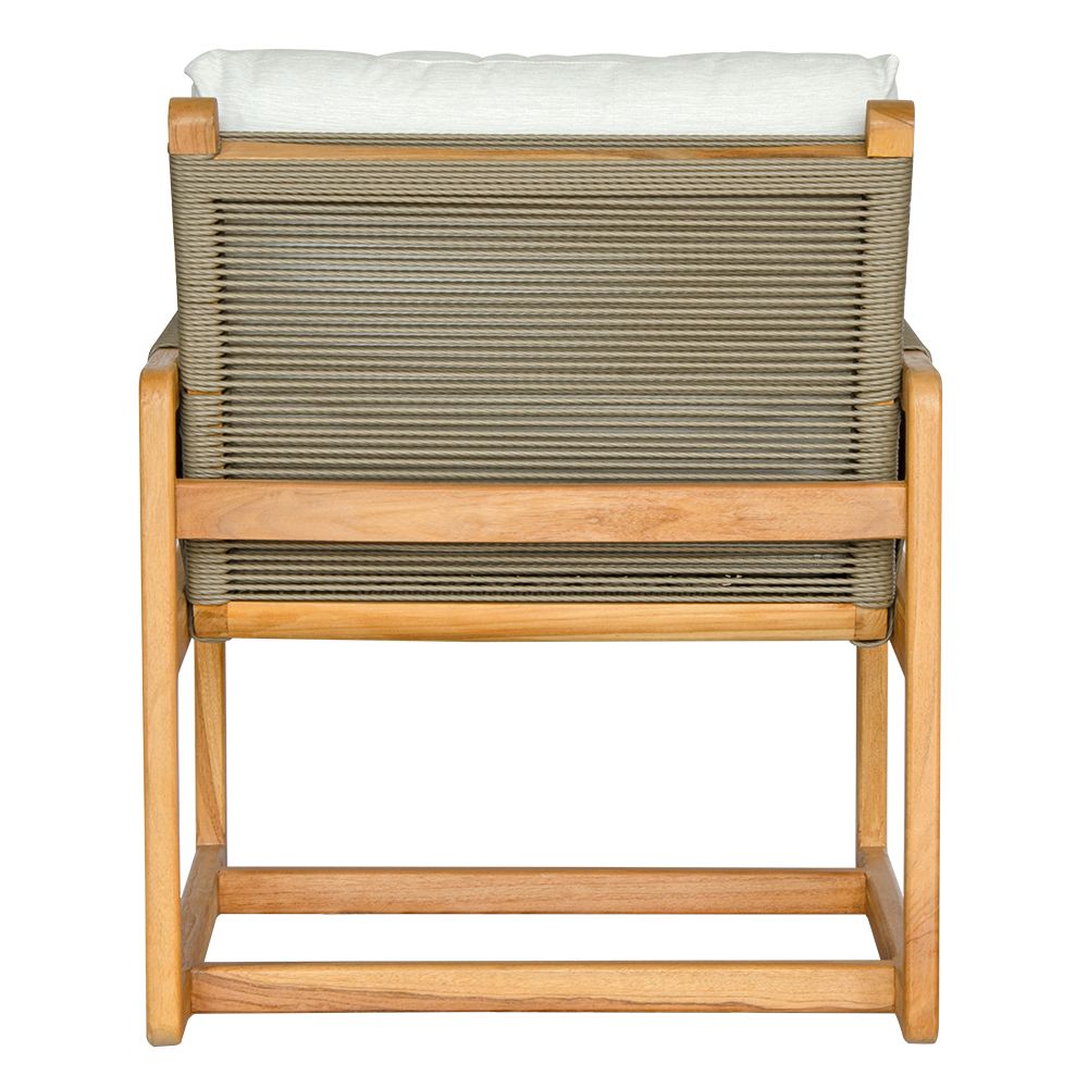 The Azalea Occasional Chair. Made with sustainable solid teak frame, with rope, and UV resistant cotton twill cushions. This occasional chair exudes style while providing comfort and durability. Measures 700 Wide X 700 Depth X 800 Back Height - 470 Seat Height. Back.