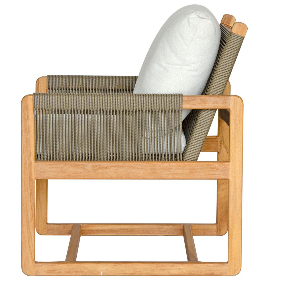 The Azalea Occasional Chair. Made with sustainable solid teak frame, with rope, and UV resistant cotton twill cushions. This occasional chair exudes style while providing comfort and durability. Measures 700 Wide X 700 Depth X 800 Back Height - 470 Seat Height. Side.