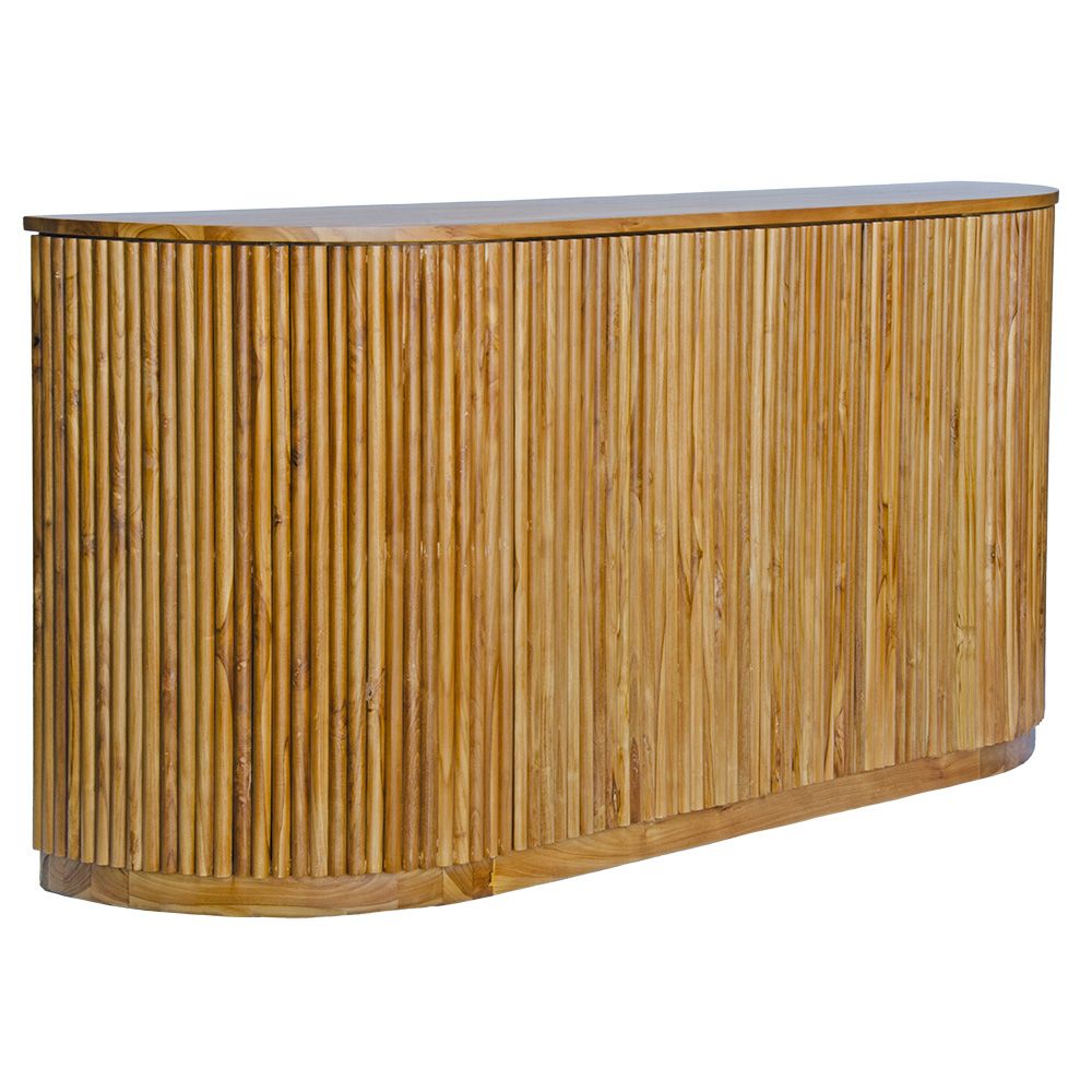 The Baker 2 Door Buffet. Feature a textured front with stylish curved ends. Ample storage. Colour Natural. Measures 1800 length x 900 height x 450 depth. Angle.