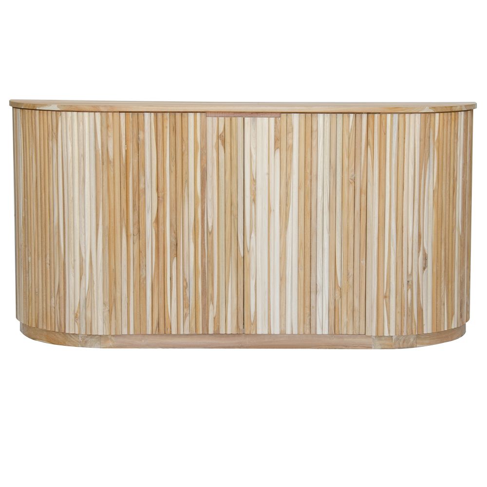 The Baker 2 Door Buffet. Feature a textured front with stylish curved ends. Ample storage. Colour Natural. Measures 1800 length x 900 height x 450 depth. Front plain.