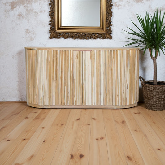 The Baker 2 Door Buffet. Feature a textured front with stylish curved ends. Ample storage. Colour Natural. Measures 1800 length x 900 height x 450 depth. Styled.