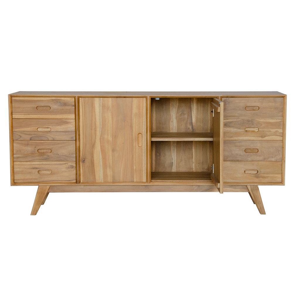 The Bandon - Buffet. Crafted from solid, sustainable teak, this 2 door, 8 drawer buffet adds both functionality and style to your living space. Measures 1800 Length X 400 Depth X 800 Height. Open.