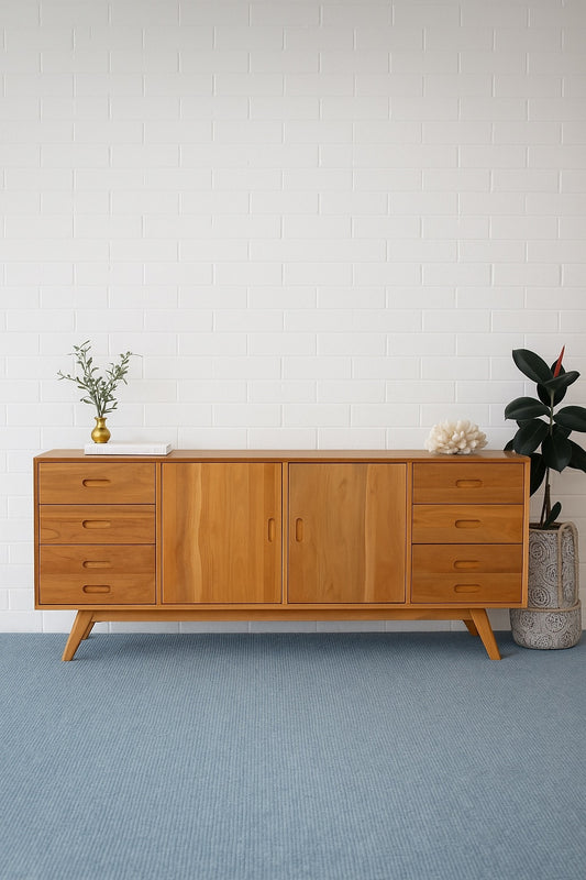 The Bandon - Buffet. Crafted from solid, sustainable teak, this 2 door, 8 drawer buffet adds both functionality and style to your living space. Measures 1800 Length X 400 Depth X 800 Height. Styled.