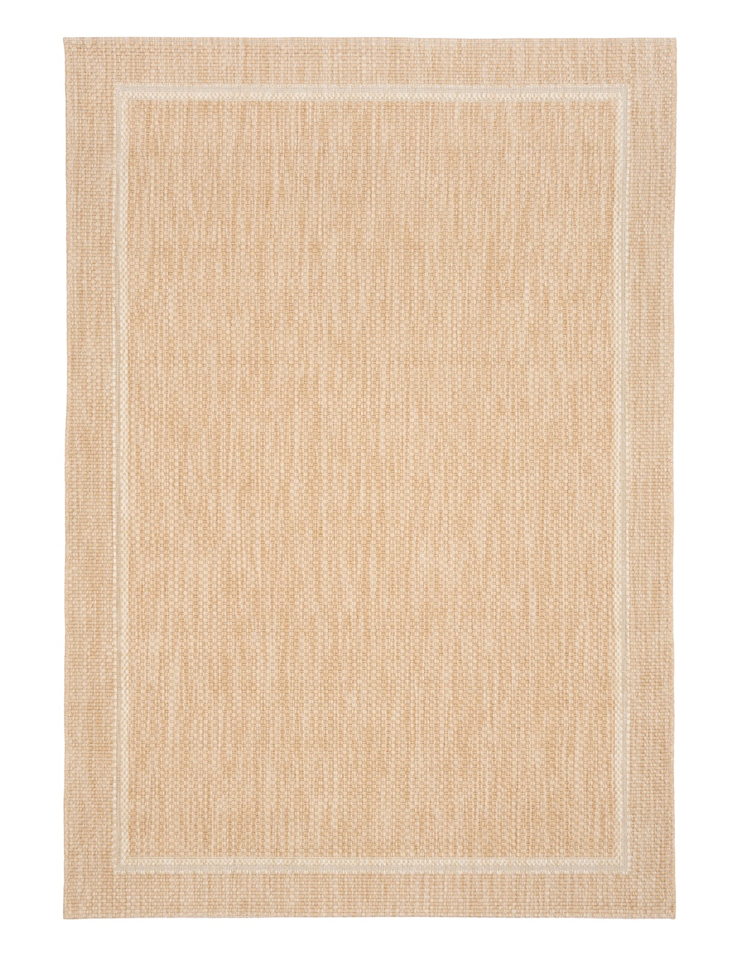 Barton Border Beige indoor/outdoor rug featuring soft beige tones and a subtle textured pattern, power-loomed from UV-stabilised polypropylene for lasting durability. Colour Beige. 3 sizes. Top.