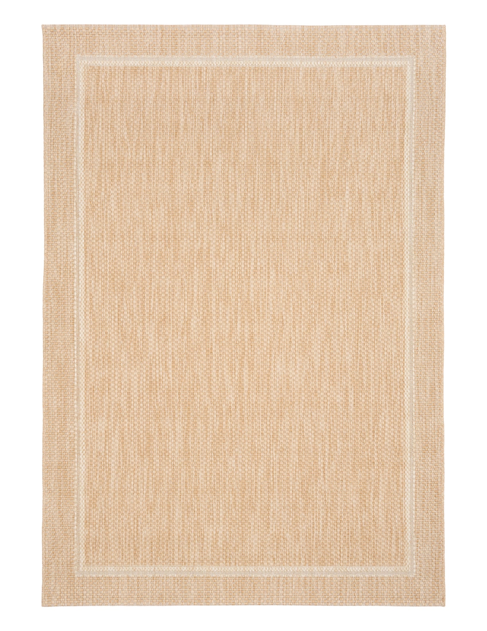 Barton Border Beige indoor/outdoor rug featuring soft beige tones and a subtle textured pattern, power-loomed from UV-stabilised polypropylene for lasting durability. Colour Beige. 3 sizes. Top.
