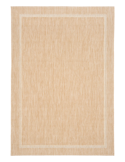 Barton Border Beige indoor/outdoor rug featuring soft beige tones and a subtle textured pattern, power-loomed from UV-stabilised polypropylene for lasting durability. Colour Beige. 3 sizes. Top.