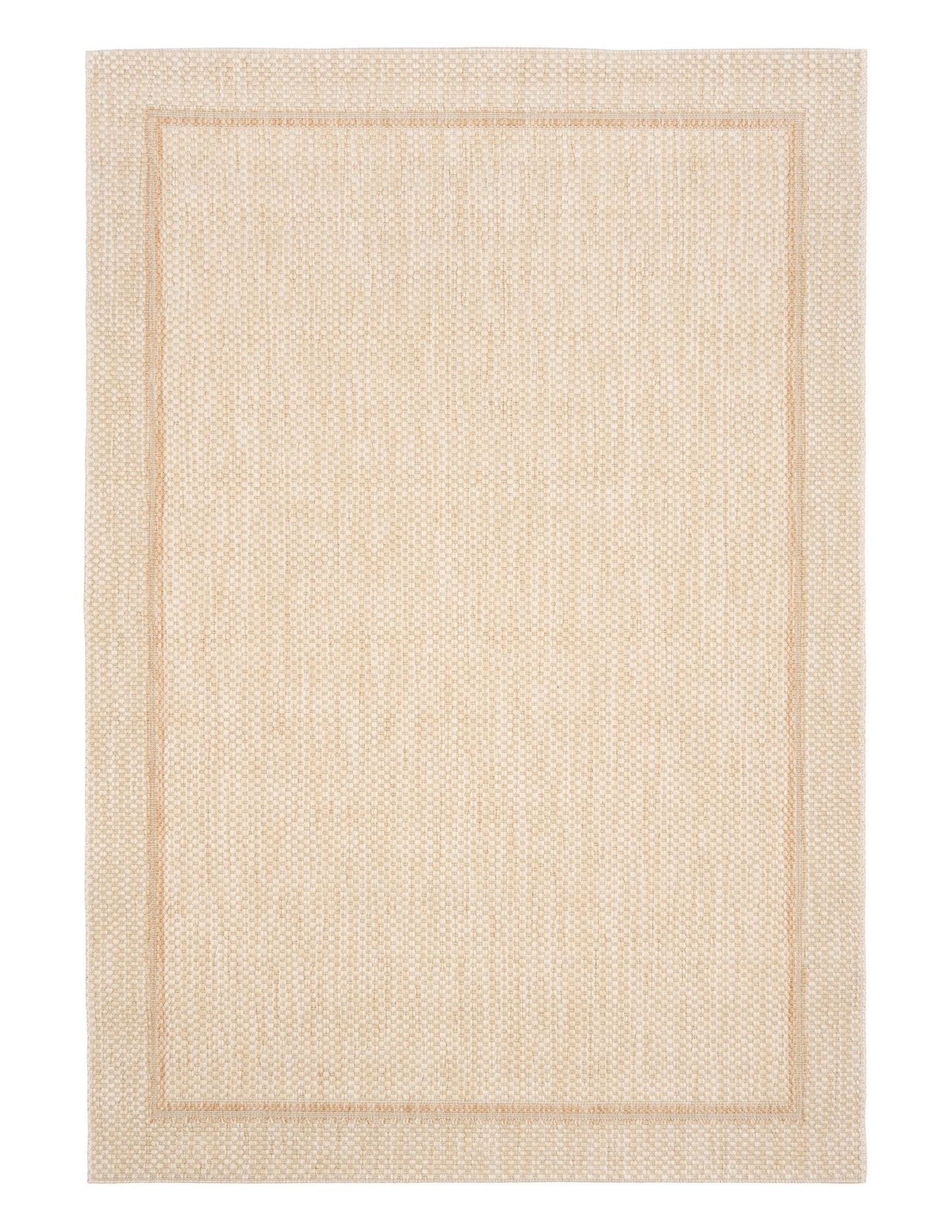 Barton Border Cream indoor/outdoor rug featuring soft cream tones and a subtle textured pattern, power-loomed from UV-stabilised polypropylene for lasting durability. Colour Cream. 3 sizes. Top.