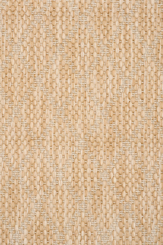 Barton Diamond Beige indoor/outdoor rug featuring soft beige tones and a subtle textured pattern, power-loomed from UV-stabilised polypropylene for lasting durability. Colour Beige. 3 sizes. Close.