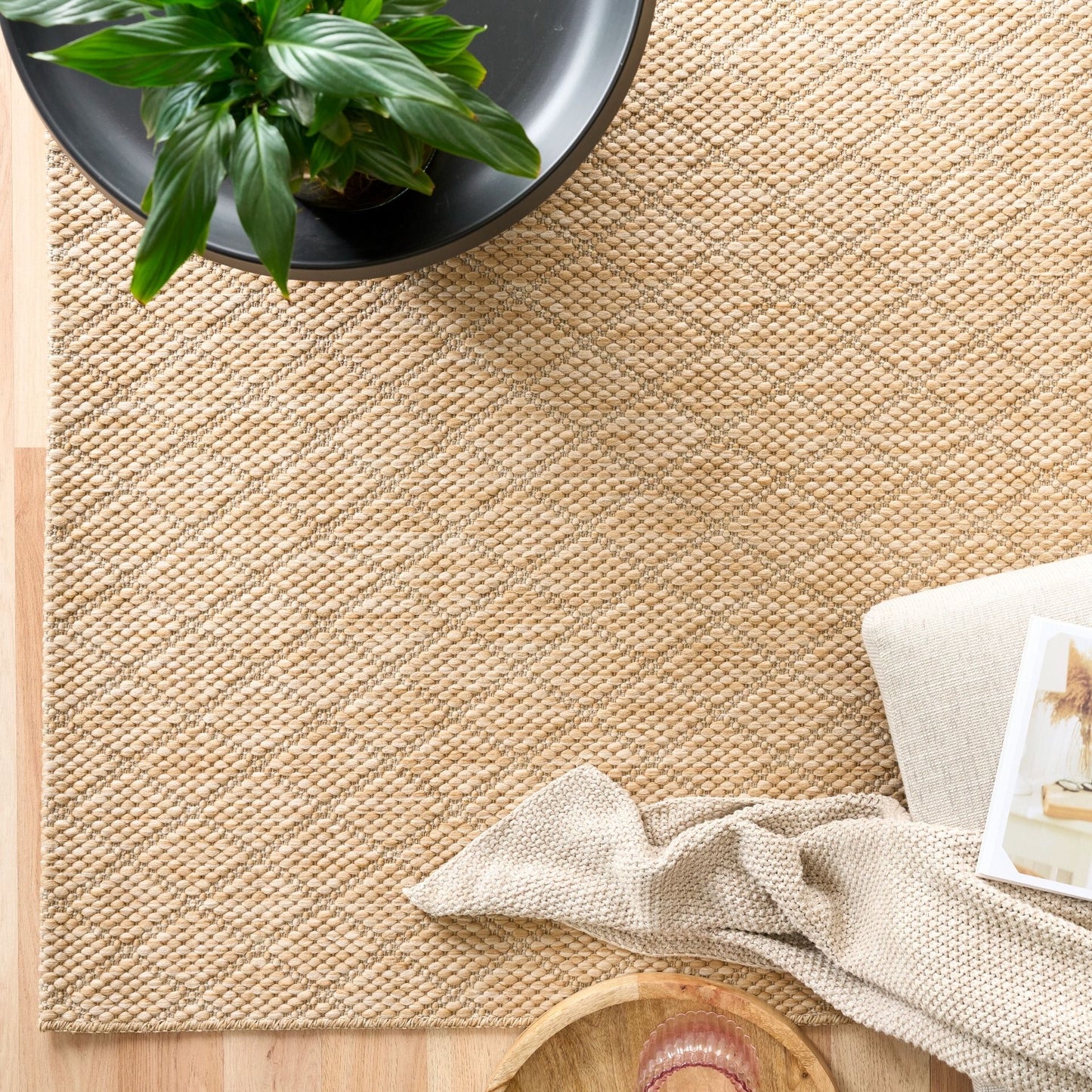 Barton Diamond Beige indoor/outdoor rug featuring soft beige tones and a subtle textured pattern, power-loomed from UV-stabilised polypropylene for lasting durability. Colour Beige. 3 sizes. Life.