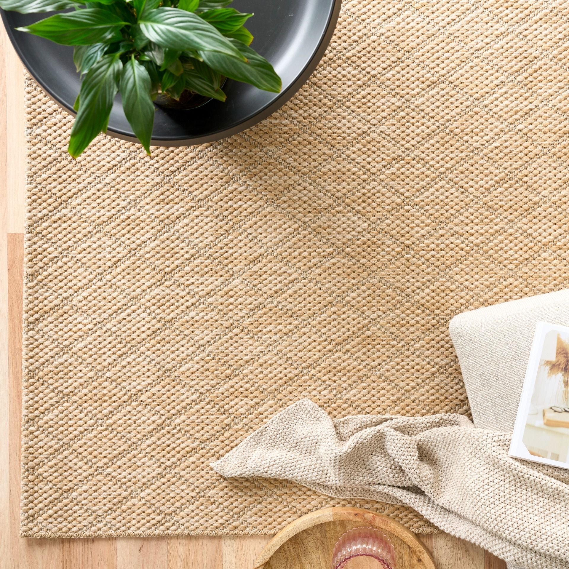 Barton Diamond Beige indoor/outdoor rug featuring soft beige tones and a subtle textured pattern, power-loomed from UV-stabilised polypropylene for lasting durability. Colour Beige. 3 sizes. Life.