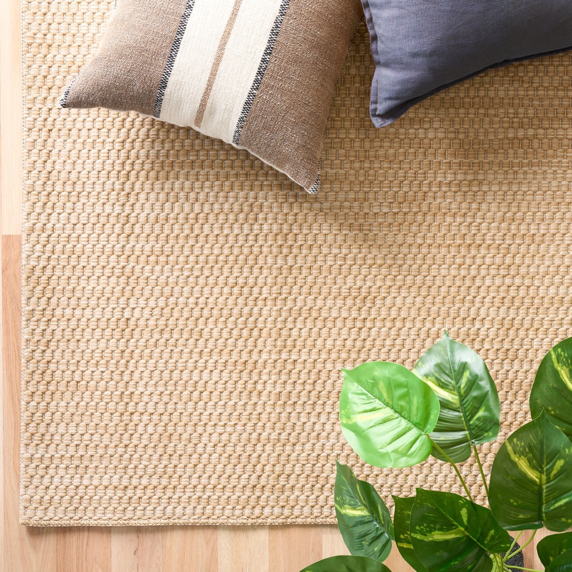 Barton Twill Beige indoor/outdoor rug featuring soft beige tones and a subtle textured pattern, power-loomed from UV-stabilised polypropylene for lasting durability. Colour beige. 3 sizes. Life.
