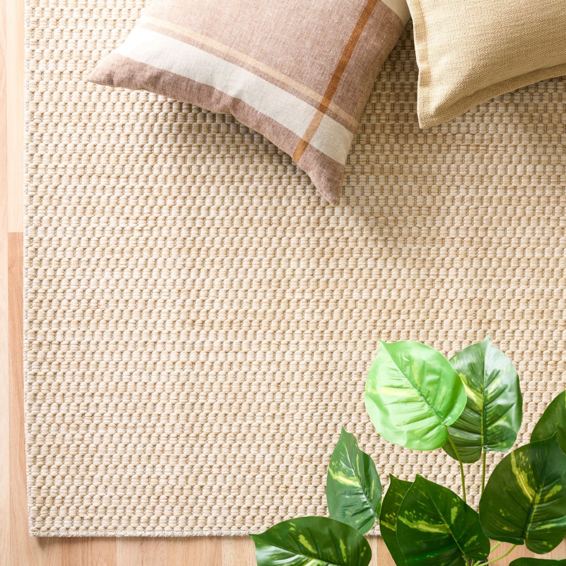Barton Twill Cream indoor/outdoor rug featuring soft cream tones and a subtle textured pattern, power-loomed from UV-stabilised polypropylene for lasting durability. Colour cream. 3 sizes. Life.