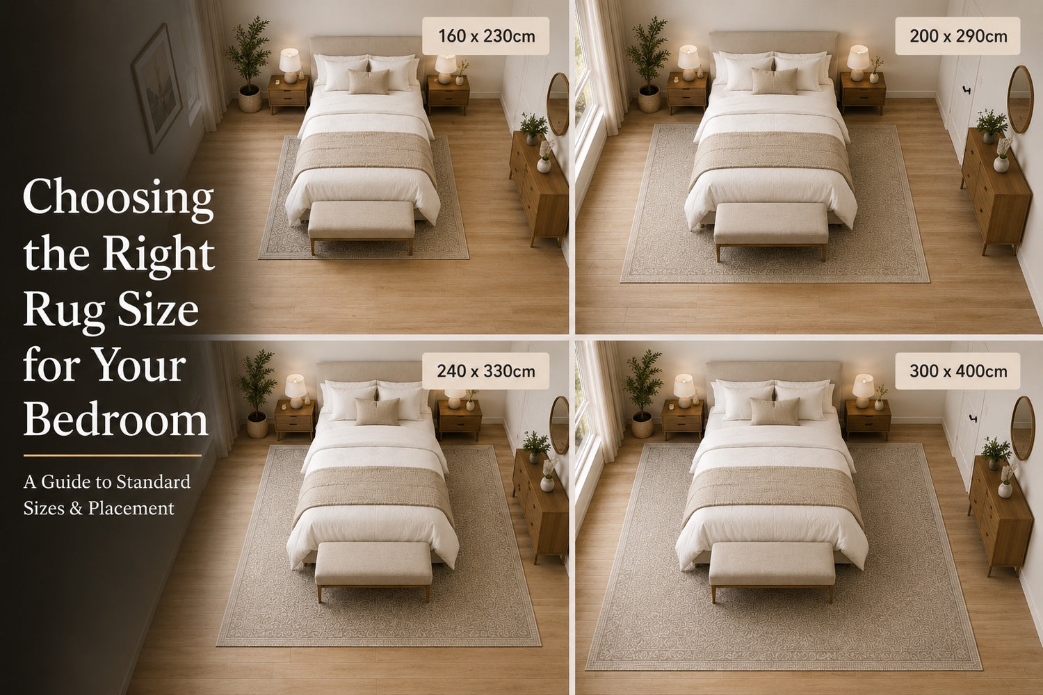 A spit image of 4 bedrooms each styled with a different sized bedroom rug.