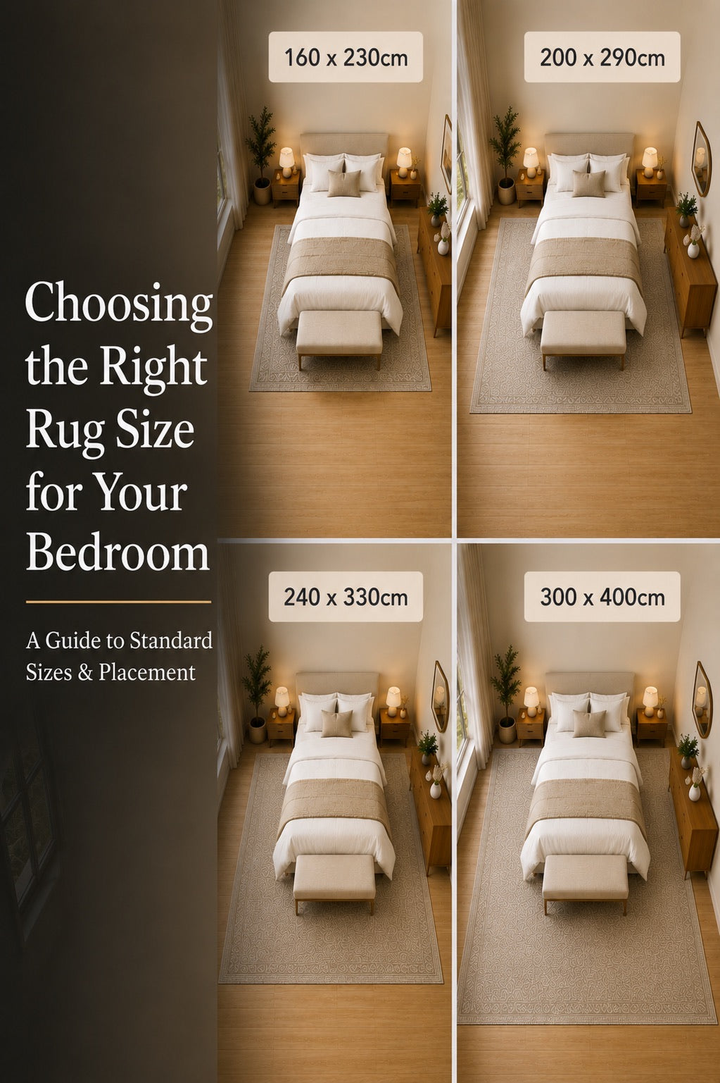 A split image of 4 bedroom rug size and placement configurations.