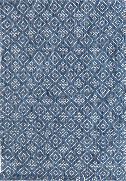 Bellevue Blue is a textured hand woven  wool and viscose rug.  Featuring a tribal diamond aztec design. Colours Blue with White Patterns. Sizes 200 X 290 and 300 X 400. Full.