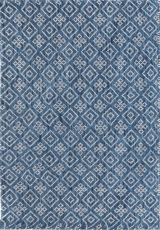 Bellevue Blue is a textured hand woven  wool and viscose rug.  Featuring a tribal diamond aztec design. Colours Blue with White Patterns. Sizes 200 X 290 and 300 X 400. Full.