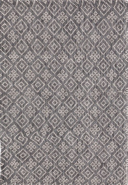Bellevue Grey is a textured hand woven  wool and viscose rug.  Featuring a tribal diamond aztec design. Colours Grey with White Patterns. Sizes 155 X 225, 200 X 290 and 300 X 400. Full.