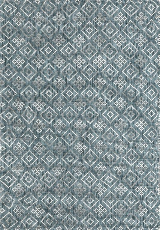 Bellevue Teal is a textured hand woven  wool and viscose rug.  Featuring a tribal diamond aztec design. Colours Teal Green with White Patterns. Sizes 200 X 290 and 300 X 400. Full.