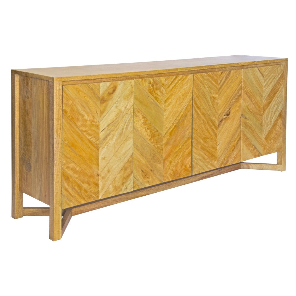The Bend 4 Door Buffet is a modern/contemporary buffet crafted from solid fruitwood. Featuring 4 herringbone styled doors. Colour natural. Measures 1800 length X 450 depth X 800 height. Angle Plain.