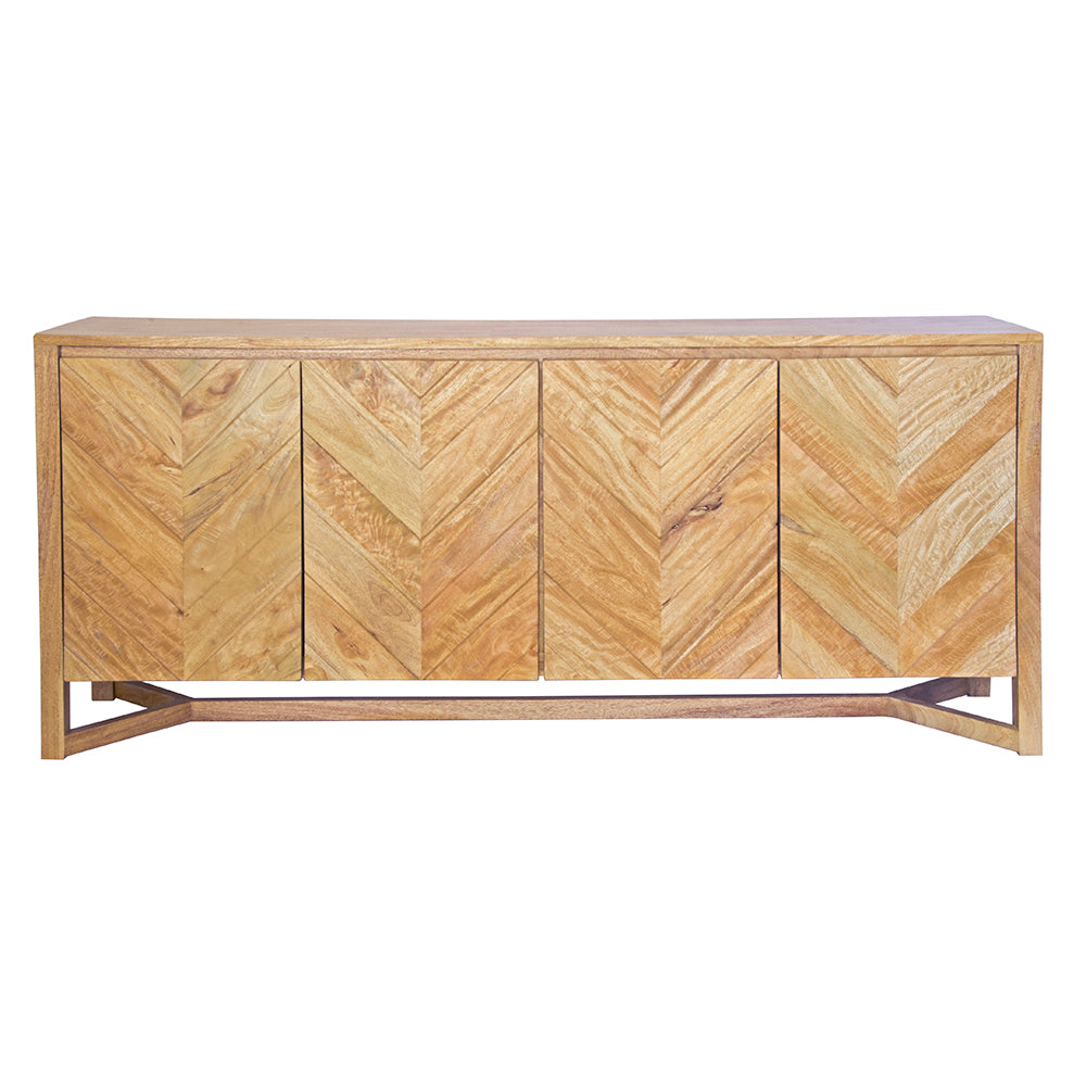 The Bend 4 Door Buffet is a modern/contemporary buffet crafted from solid fruitwood. Featuring 4 herringbone styled doors. Colour natural. Measures 1800 length X 450 depth X 800 height. Front Plain.