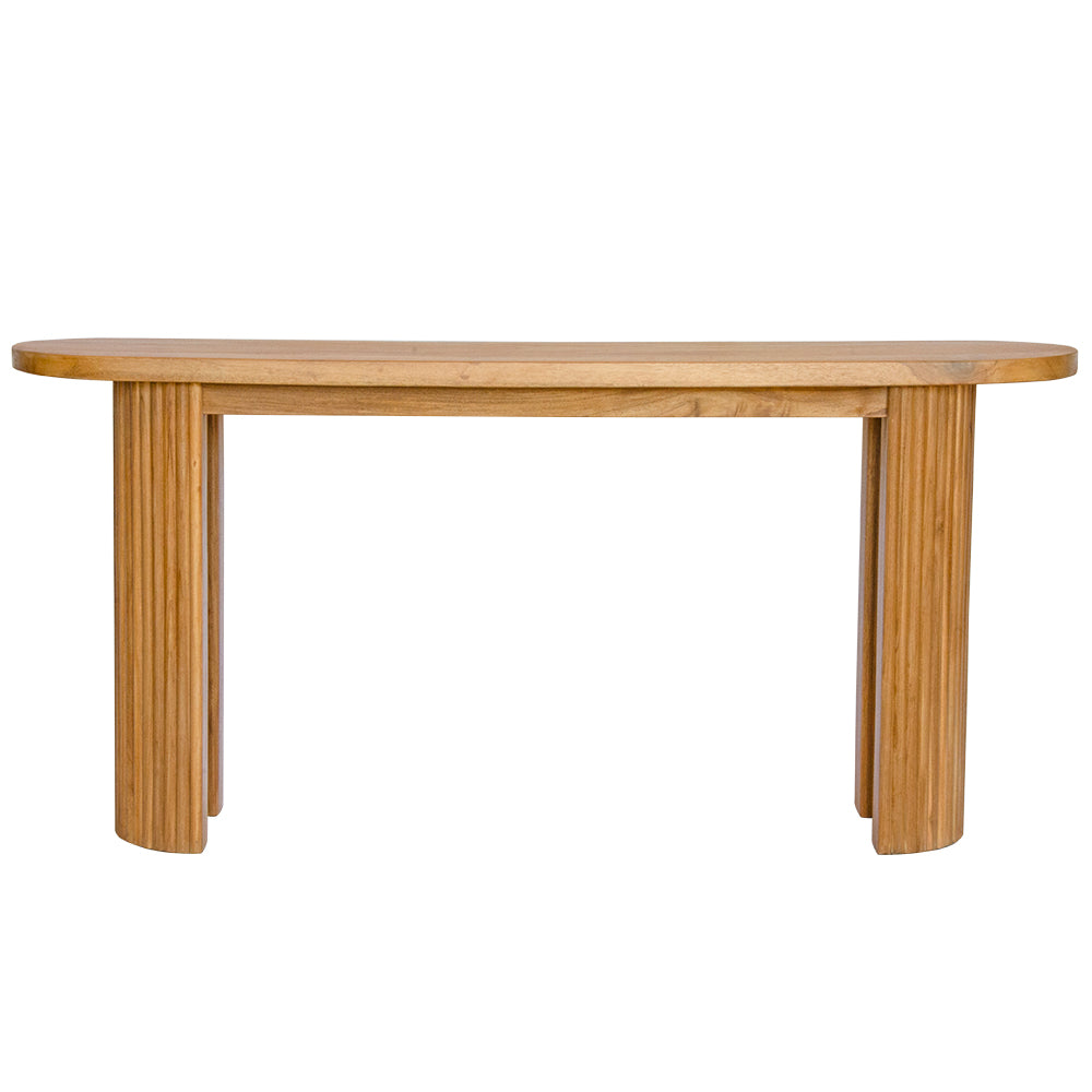 Berlin Teak Top Console crafted from solid teak. Featuring solid teak top with rounded ends and solid fluted pillar supports. Colour Natural Teak. Measures 1600 Wide X 350 Depth X 7500 Height. Front Plain.
