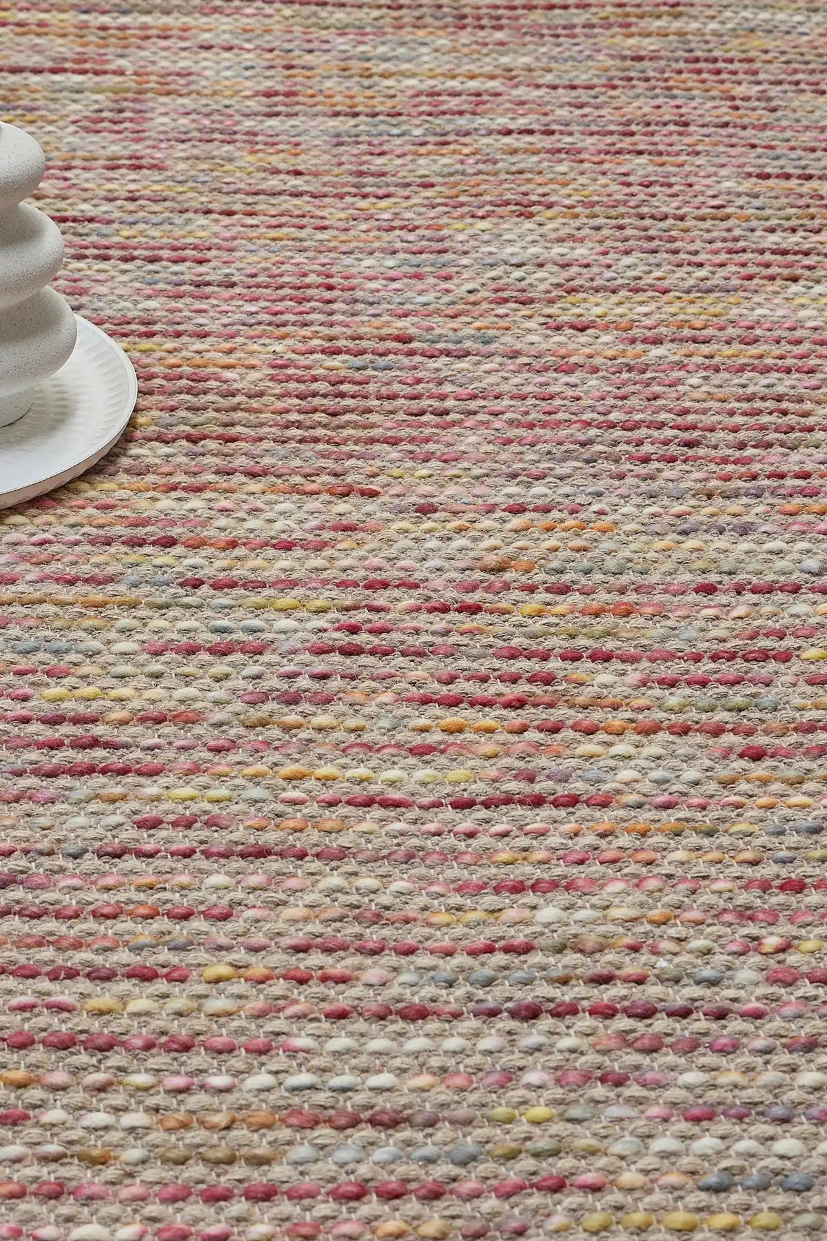 Boa - Flower is a hand-woven flatweave, made of wool with a pile height of 7-9mm. Colours Beige with Cream, Yellow and Brown accents. Sizes 160 X 230, 200 X 290, and 240 X 340. Life.