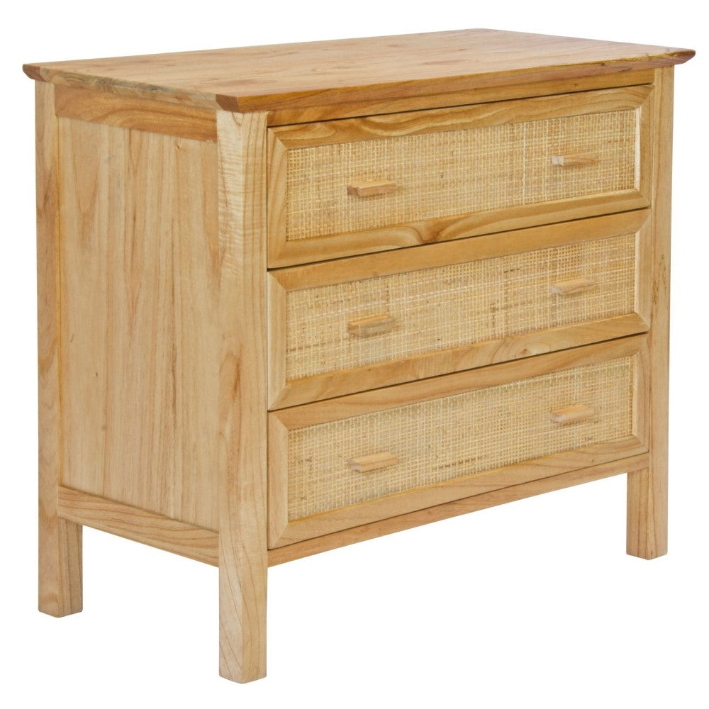 The Booderee 3 Drawer Chest is a coastal/contemporary chest made of natural white cedar and features a closed mesh rattan drawer front. Colour natural. Measures 800 length X 400 depth X 700 height. Angle Plain.