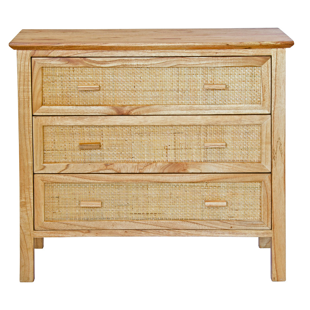 The Booderee 3 Drawer Chest is a coastal/contemporary chest made of natural white cedar and features a closed mesh rattan drawer front. Colour natural. Measures 800 length X 400 depth X 700 height. Front Plain.