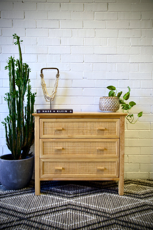 The Booderee 3 Drawer Chest is a coastal/contemporary chest made of natural white cedar and features a closed mesh rattan drawer front. Colour natural. Measures 800 length X 400 depth X 700 height. Front Styled.