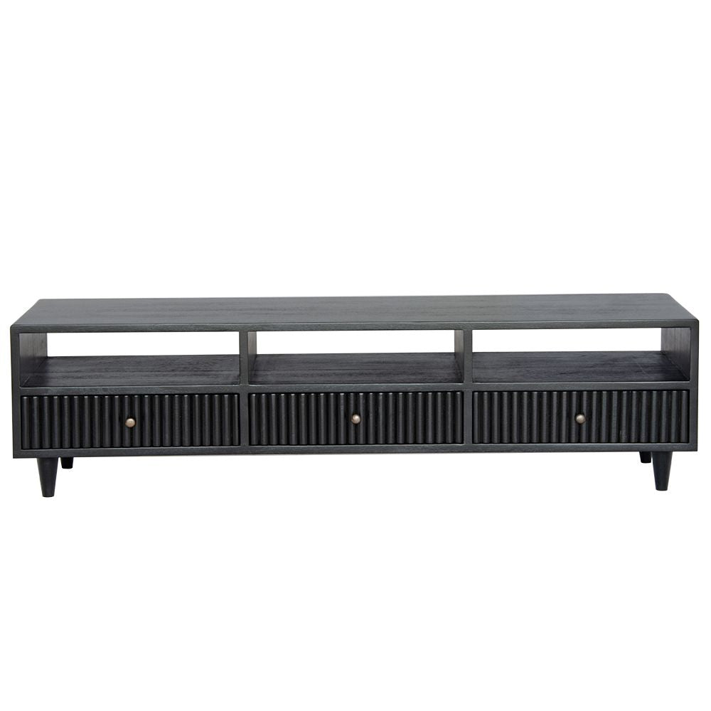 The Brando 3 Drawer Black Entertainment Unit is a modern/contemporary designed piece. It has 3 textured drawers and 3 open shelves. Crafted from sustainable white cedar. Colour black. Measures 1500 length X 400 depth X 400 height. Front Plain.