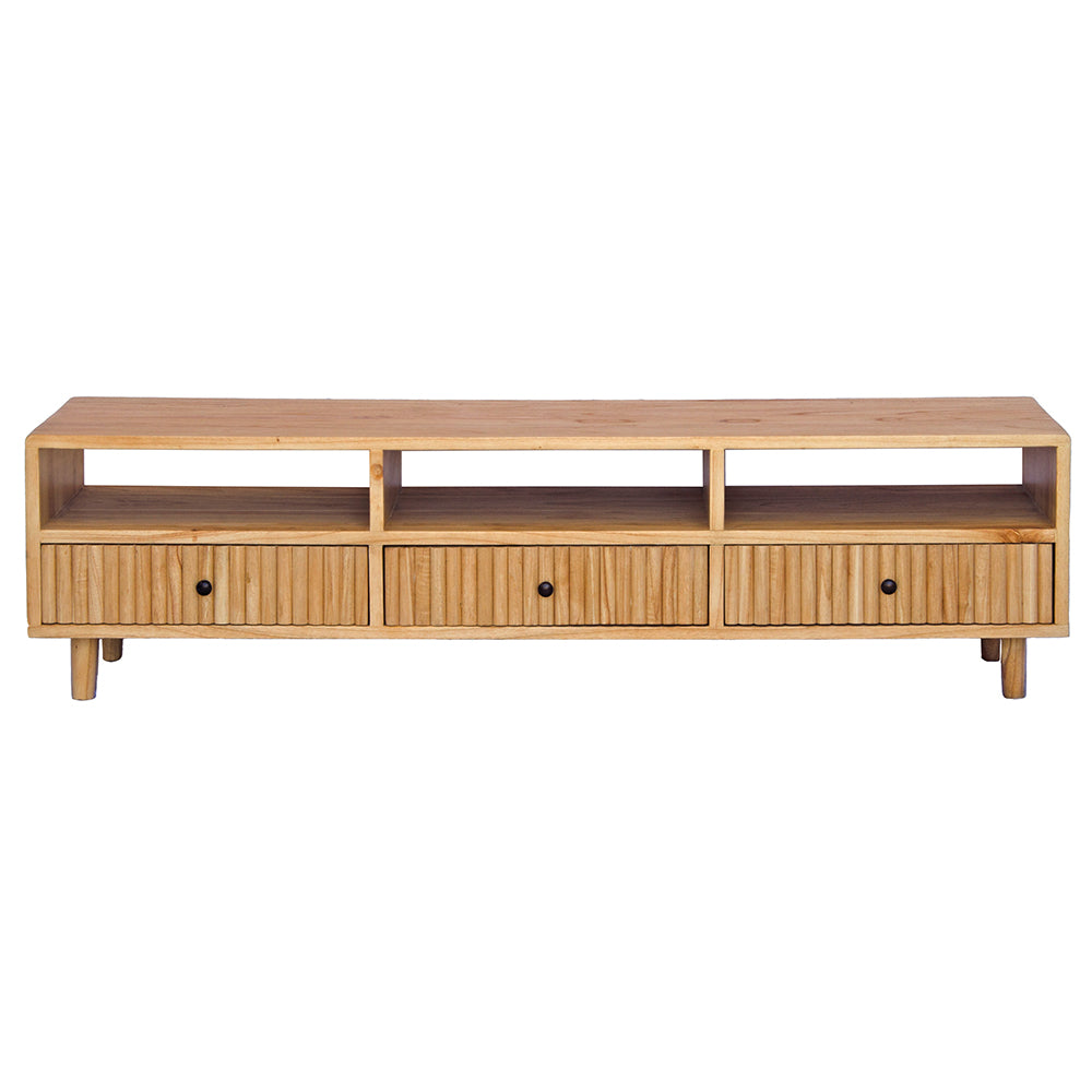 The Brando 3 Drawer Natural Entertainment Unit is a modern/contemporary designed piece. It has 3 textured drawers and 3 open shelves. Crafted from sustainable white cedar. Colour natural. Measures 1500 length X 400 depth X 400 height. Front Plain.