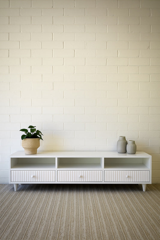 The Brando 3 Drawer White Entertainment Unit is a modern/contemporary designed piece. It has 3 textured drawers and 3 open shelves. Crafted from sustainable white cedar. Colour white. Measures 1500 length X 400 depth X 400 height. Styled.