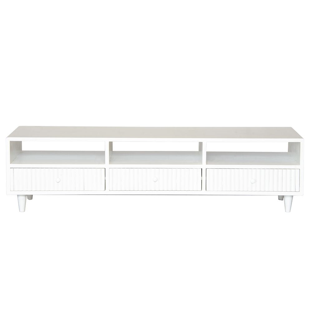 The Brando 3 Drawer White Entertainment Unit is a modern/contemporary designed piece. It has 3 textured drawers and 3 open shelves. Crafted from sustainable white cedar. Colour white. Measures 1500 length X 400 depth X 400 height. Front Plain.