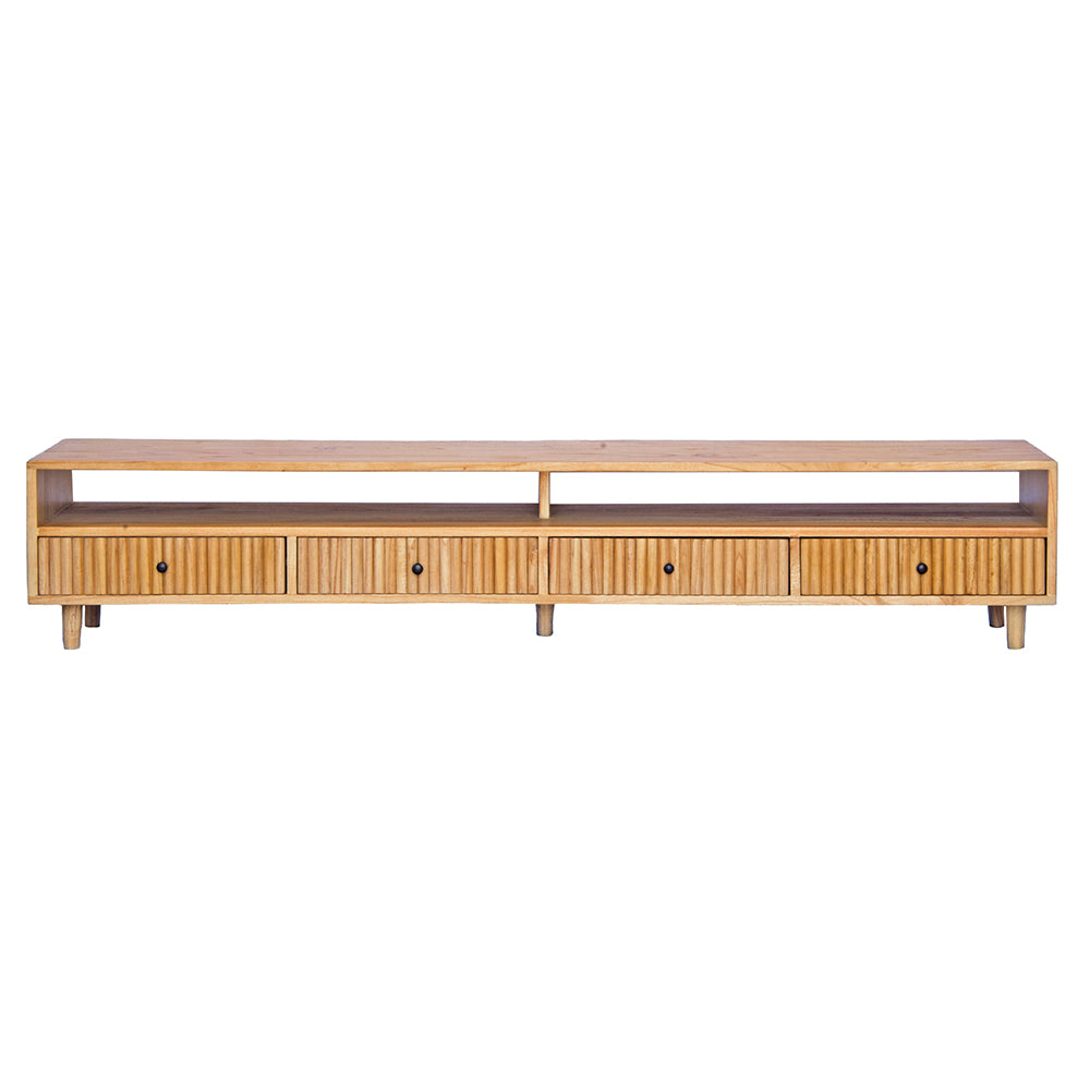 The Brando 4 Drawer Natural Entertainment Unit is a modern/contemporary designed piece. It has 4 textured drawers and 2 open shelves. Crafted from sustainable white cedar. Colour natural. Measures 2100 length X 400 depth X 400 height. Front Plain.