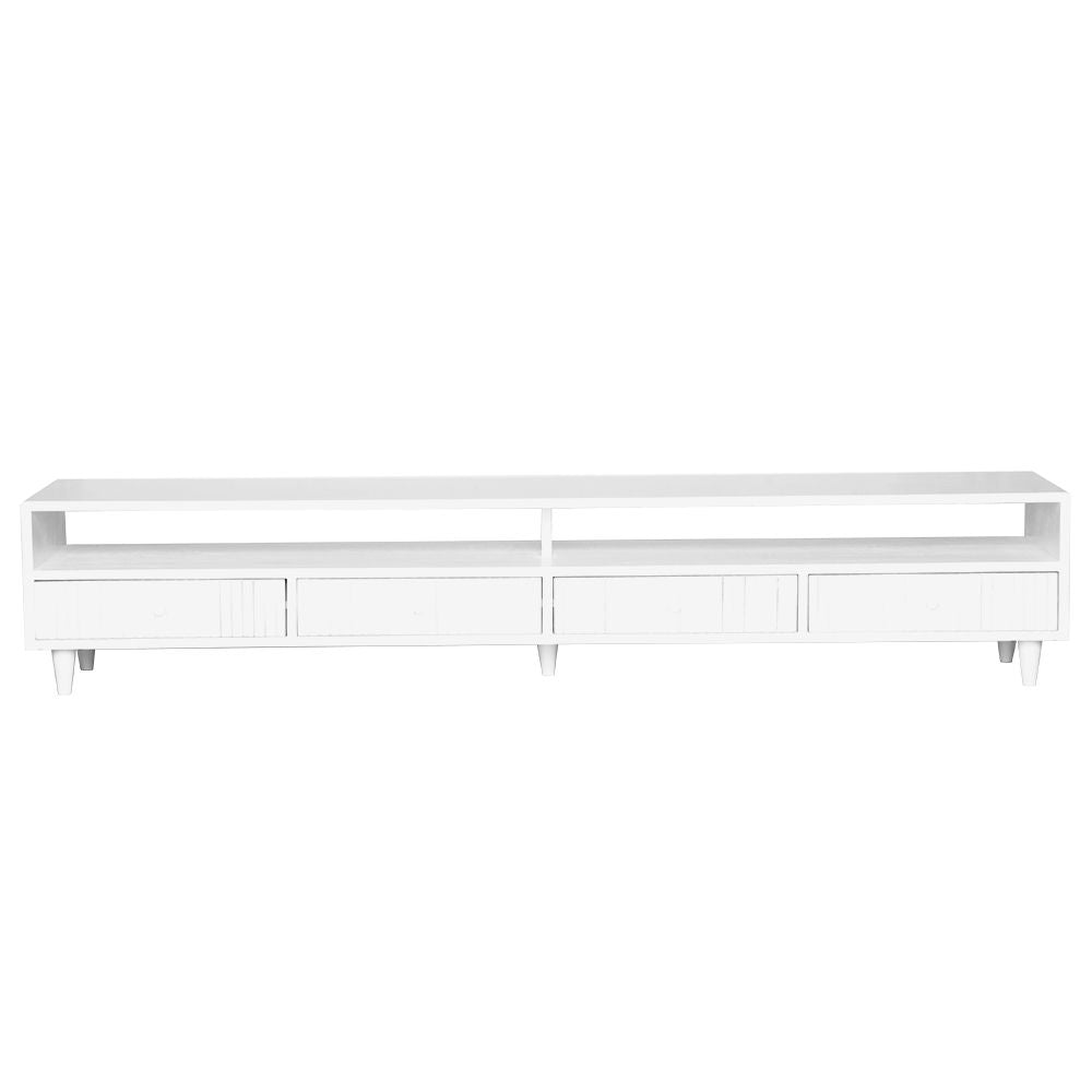 The Brando 4 Drawer White Entertainment Unit is a modern/contemporary designed piece. It has 4 textured drawers and 2 open shelves. Crafted from sustainable white cedar. Colour white. Measures 2100 length X 400 depth X 400 height. Front Plain.