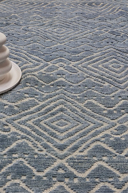 Brazil - Sky is a Boho Tribal Hand-Knotted Wool and Bamboo Silk Rug with a pile height of 7-9mm. Colours Blue with Light Grey accents. Sizes 160 X 230, 200 X 290, and 240 X 340. Life.